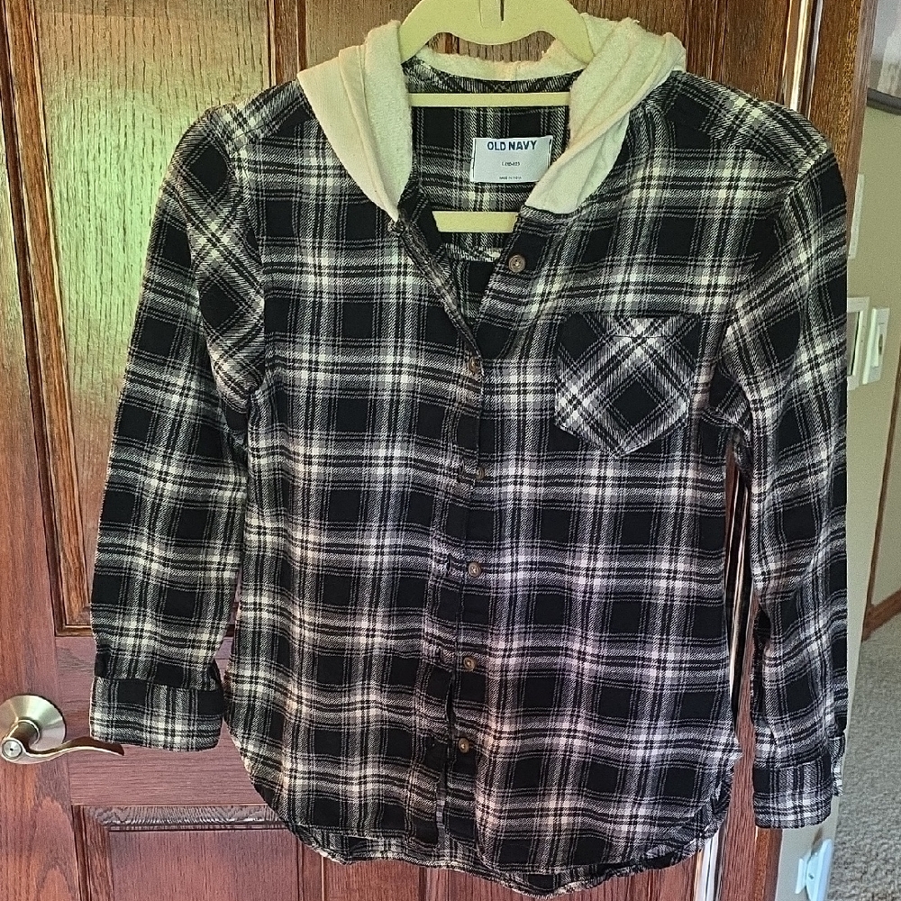Old Navy Kids Black and White Plaid Hooded Shirt